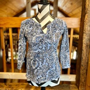 Talbots Blue Paisley Floral Split Neck 3/4 sleeve top
